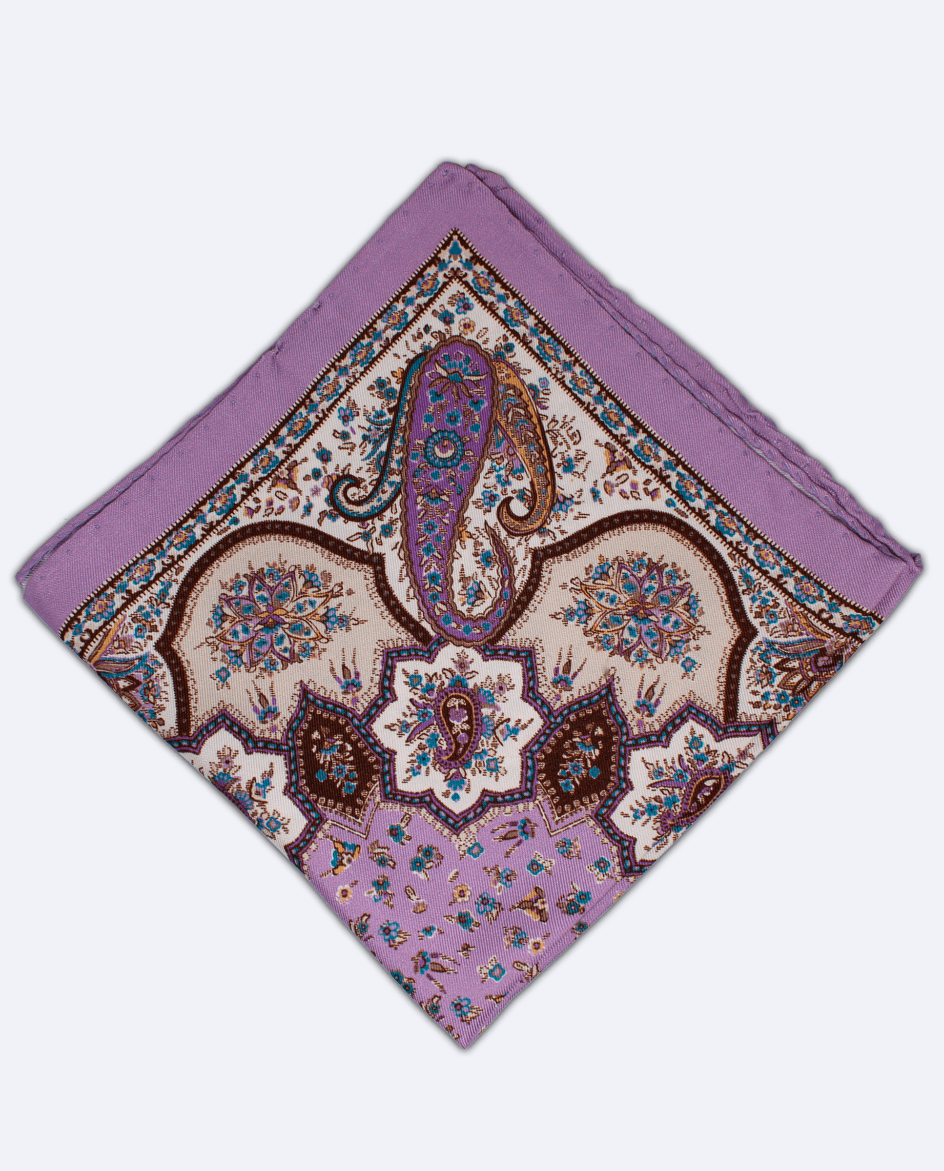 Pañuelo de bolsillo de seda lila con cachemir marrón, vista superior, detalle del estampado completo