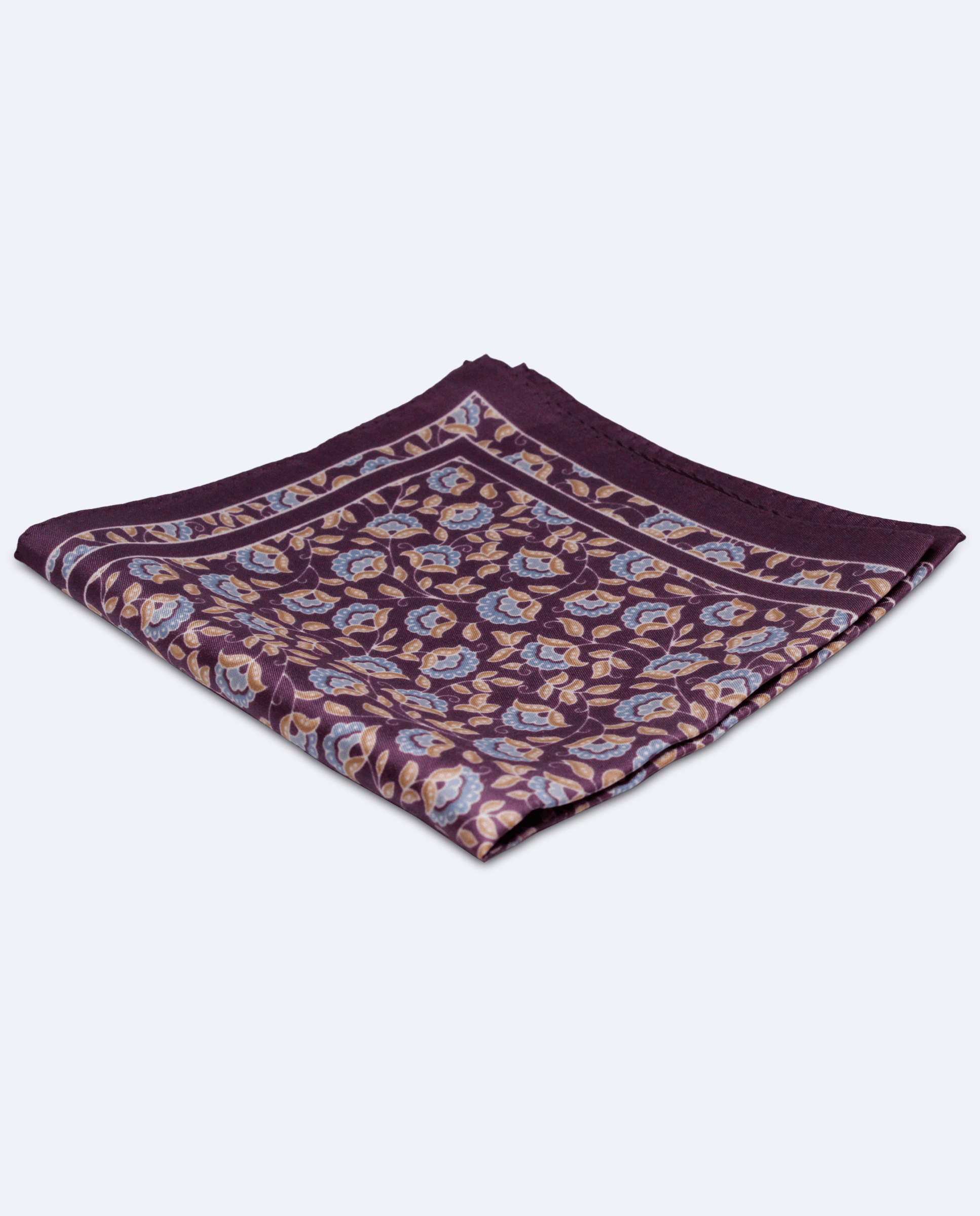 Pañuelo de bolsillo de seda morado con flores azules y doradas | Sebasti