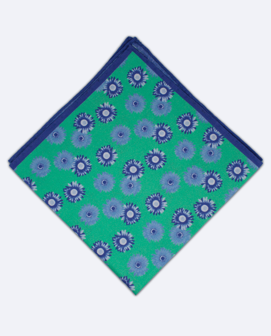 Pañuelo de bolsillo verde menta con flores azules