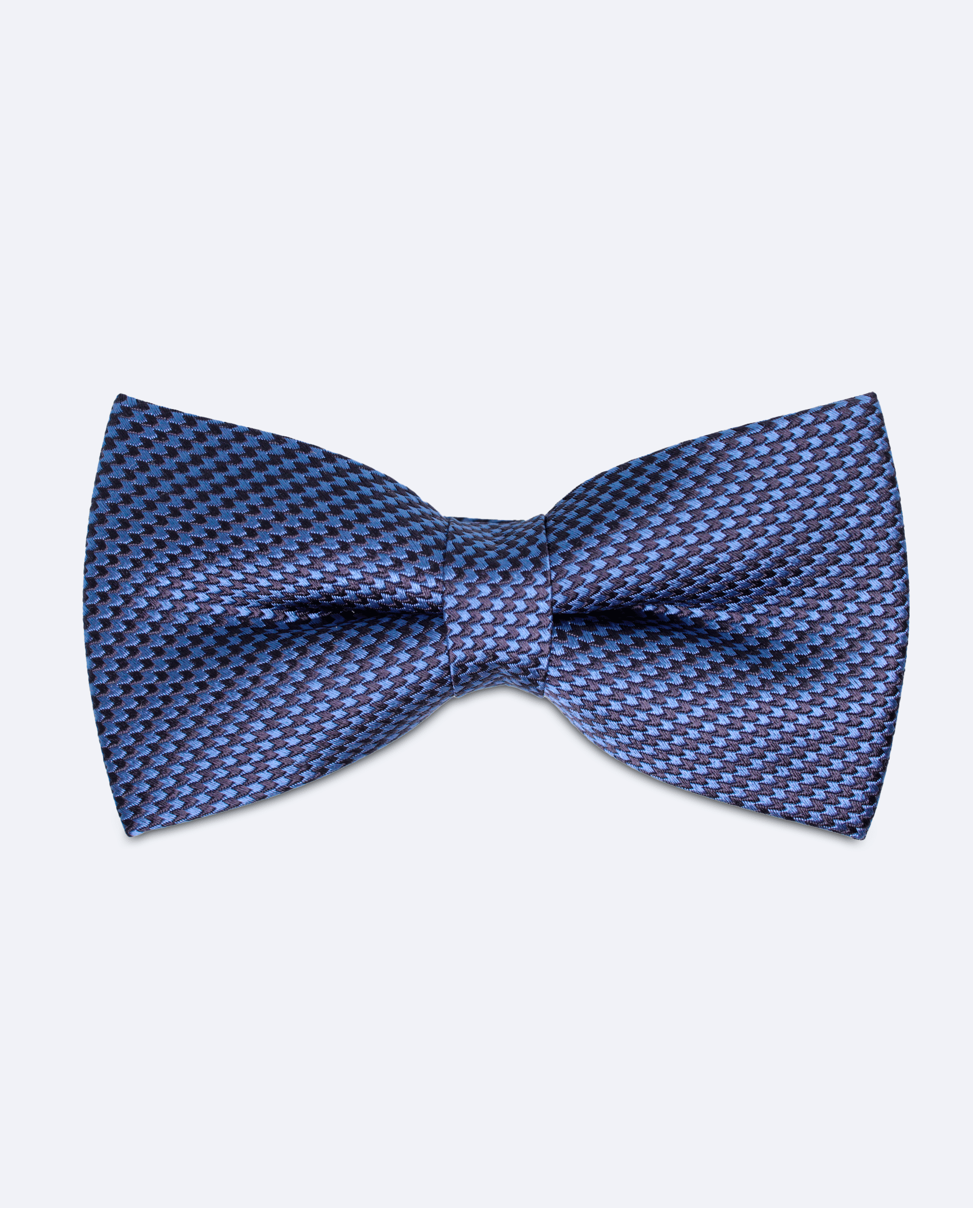 Pajarita azul eléctrico con micro pata de gallo azul oscuro, con motivo de pata de gallo, hecha a mano en 100% seda italiana, vista frontal