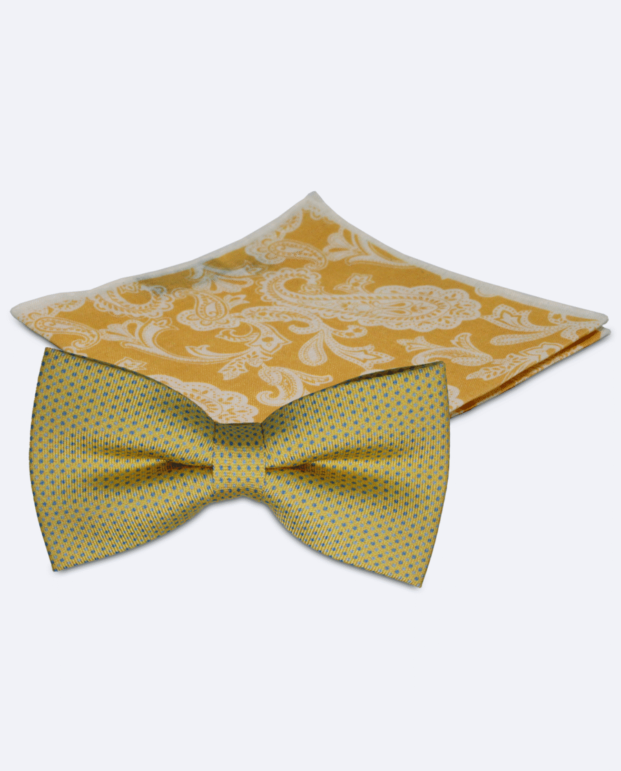 Set pajarita amarilla de lunares y pañuelo mostaza cachemir