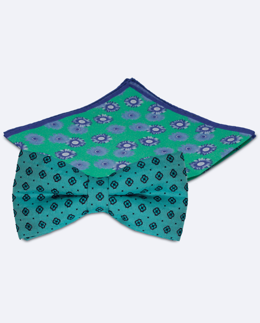 Set pajarita azul cian floral y pañuelo verde menta