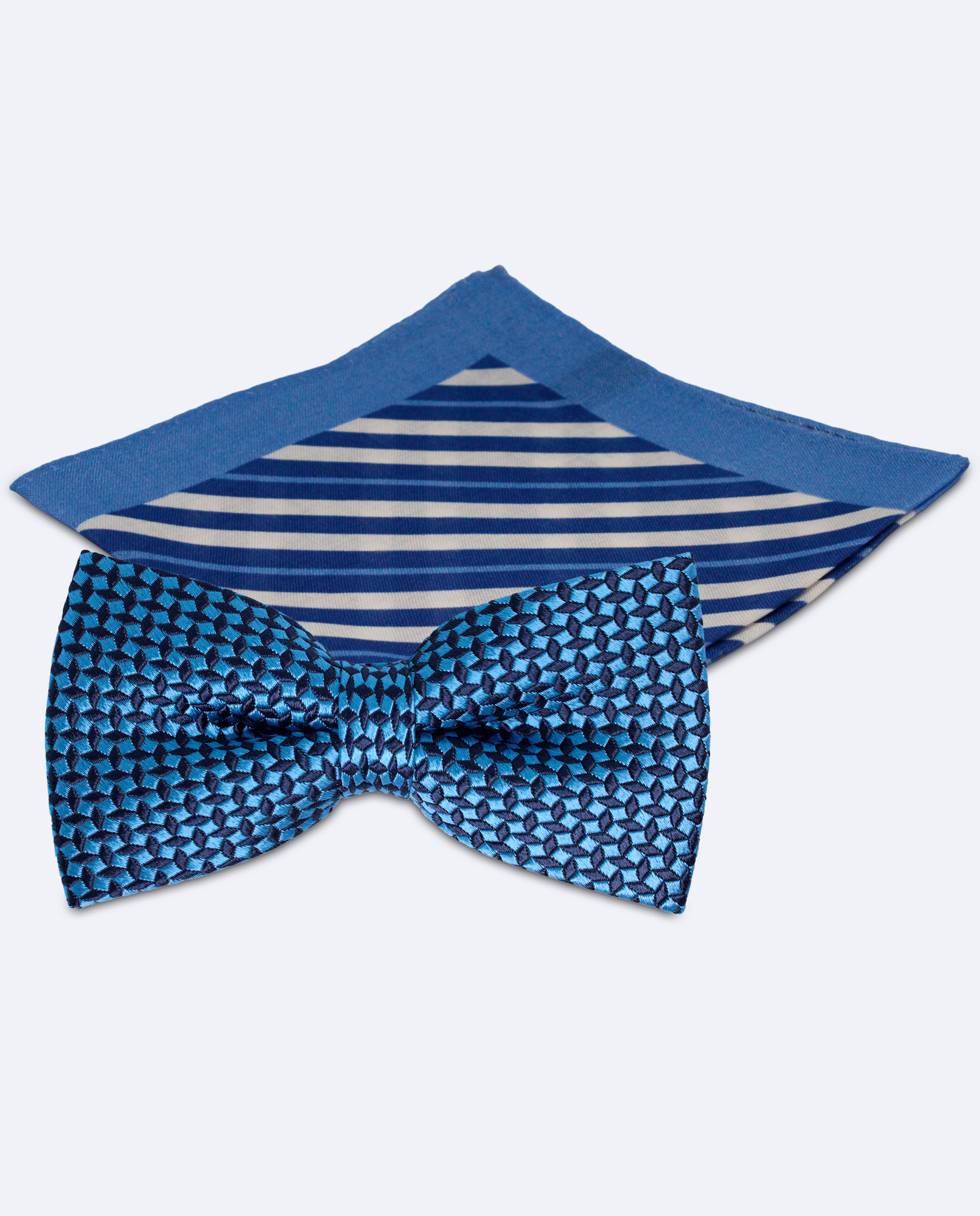 Set pajarita de prisma azul cobalto y pañuelo de rayas