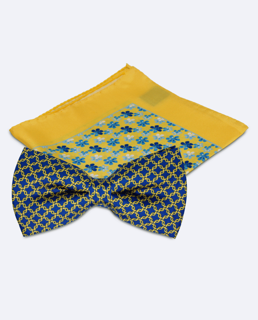 Set pajarita azul eléctrico cadenas doradas y pañuelo floral amarillo