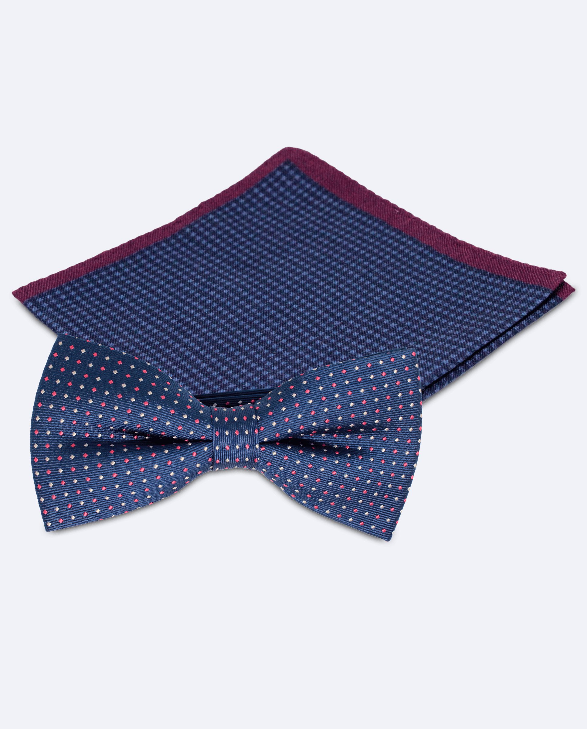 Set pajarita azul marino de microrombos y pañuelo borde morado