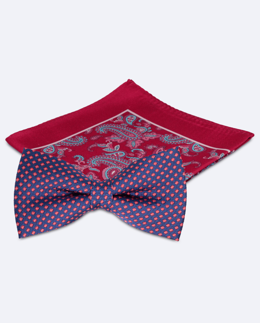 Set pajarita azul marino de rombos y pañuelo fucsia paisley
