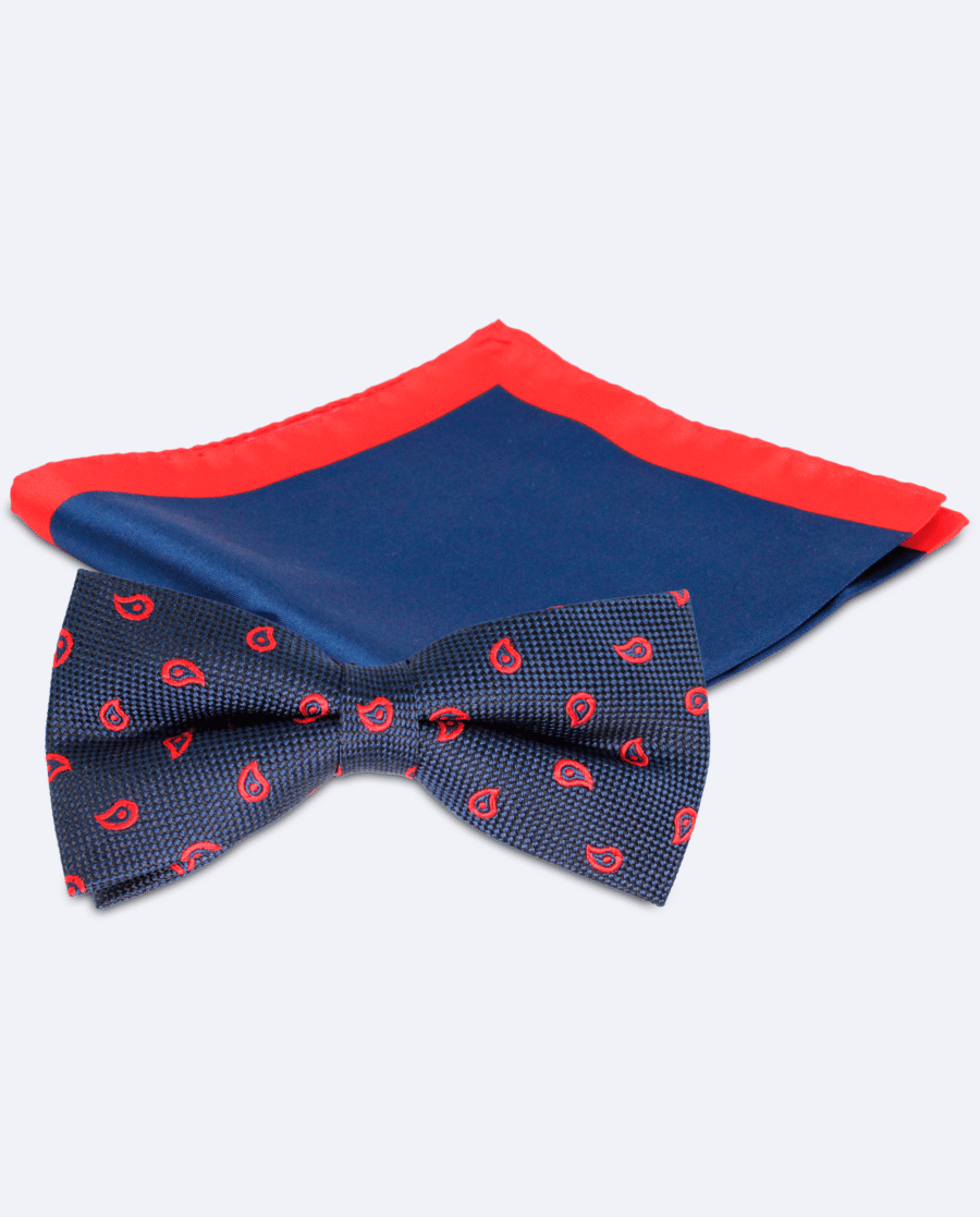 Set pajarita azul marino cachemir rojo y pañuelo azul y rojo