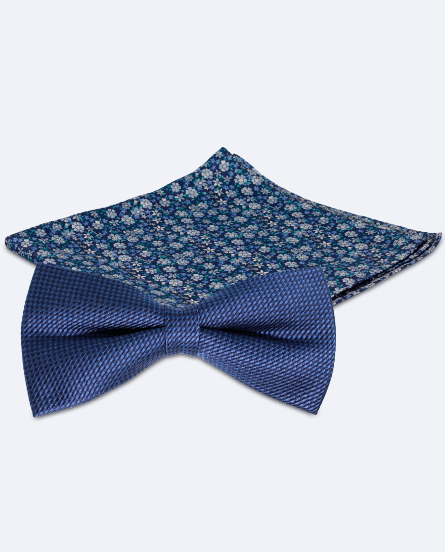 Set pajarita jacquard azul marino y pañuelo floral liberty