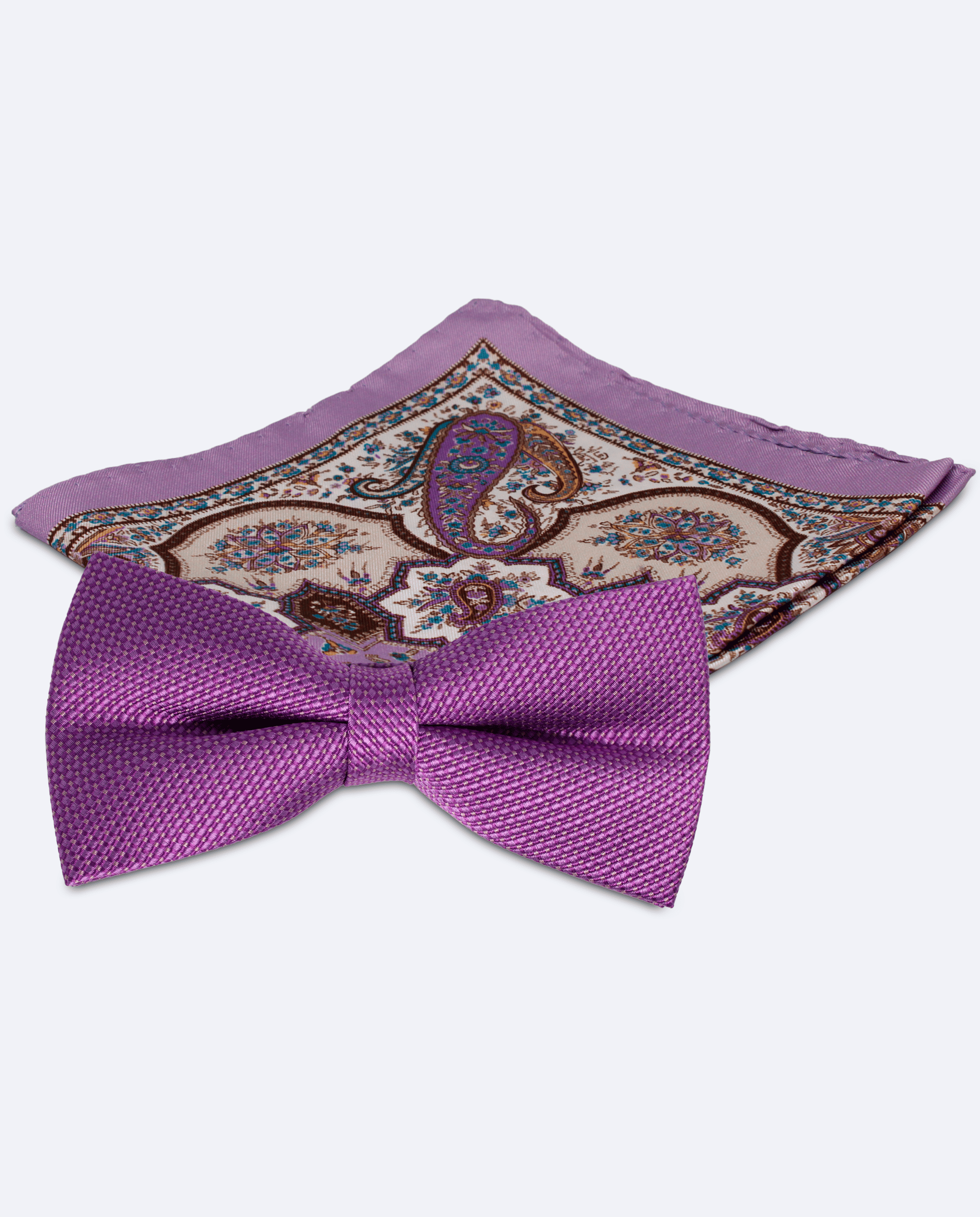 Set pajarita lila y pañuelo cachemir marrón