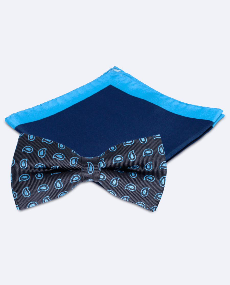 Set pajarita azul oscuro cachemir y pañuelo azul marino y claro