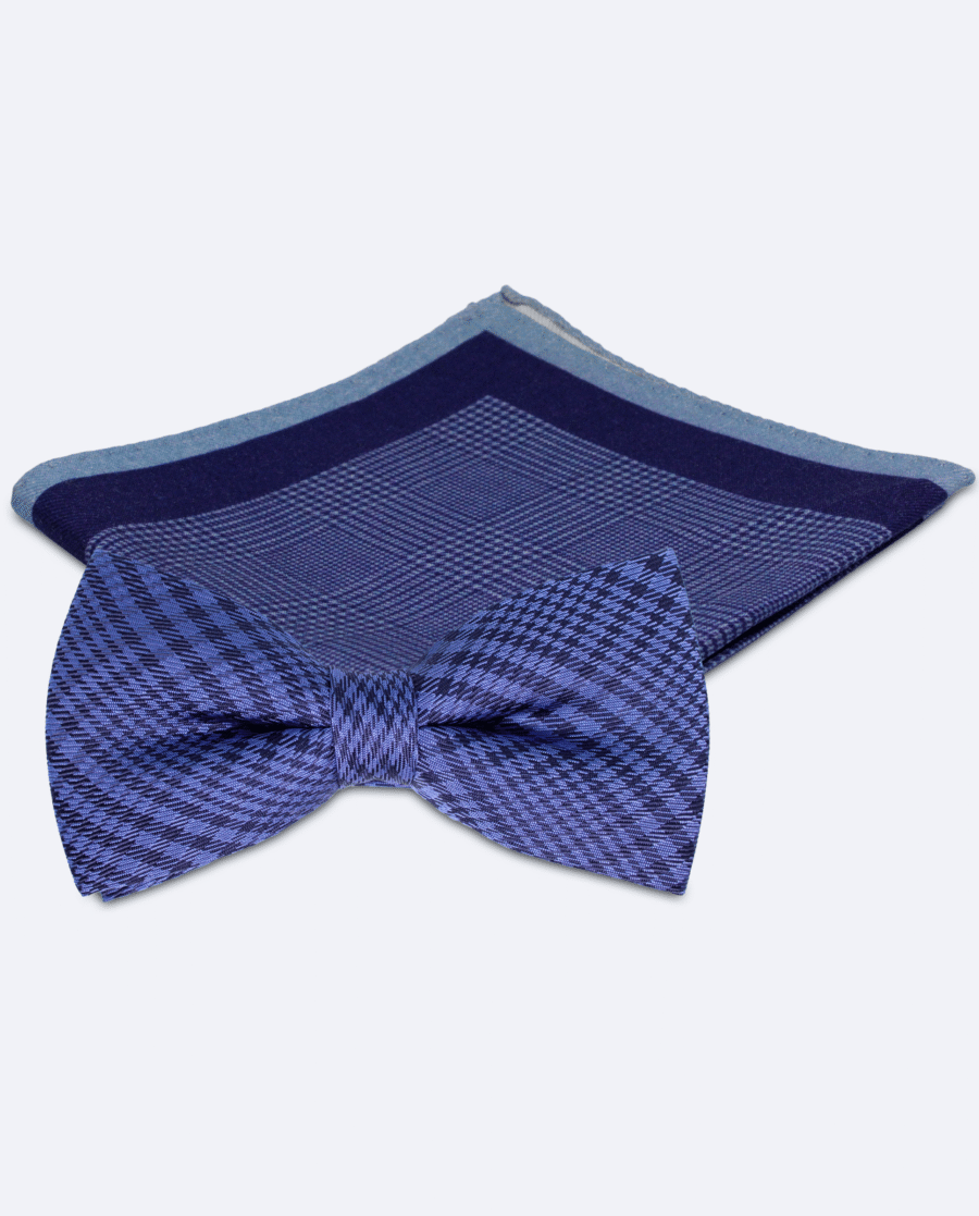 Set pajarita príncipe de Gales azul eléctrico y pañuelo de cuadros