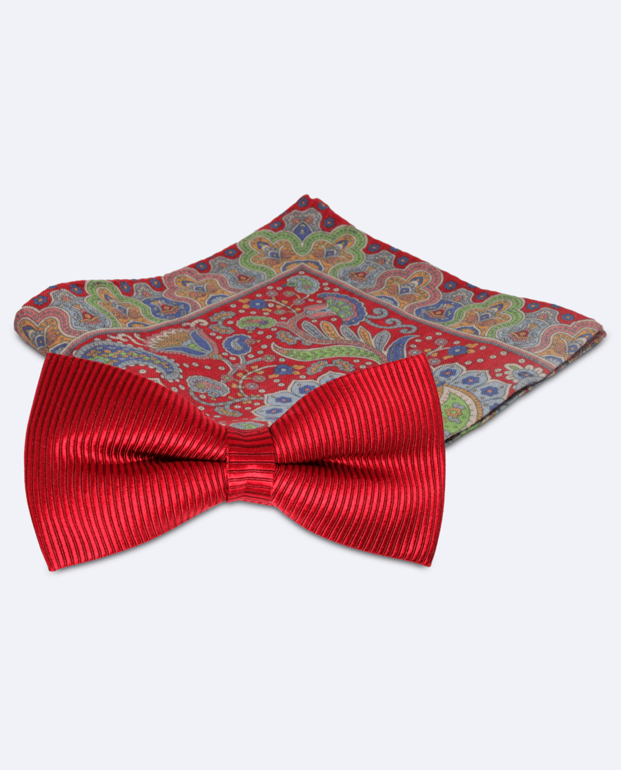 Set pajarita roja lisa y pañuelo paisley multicolor