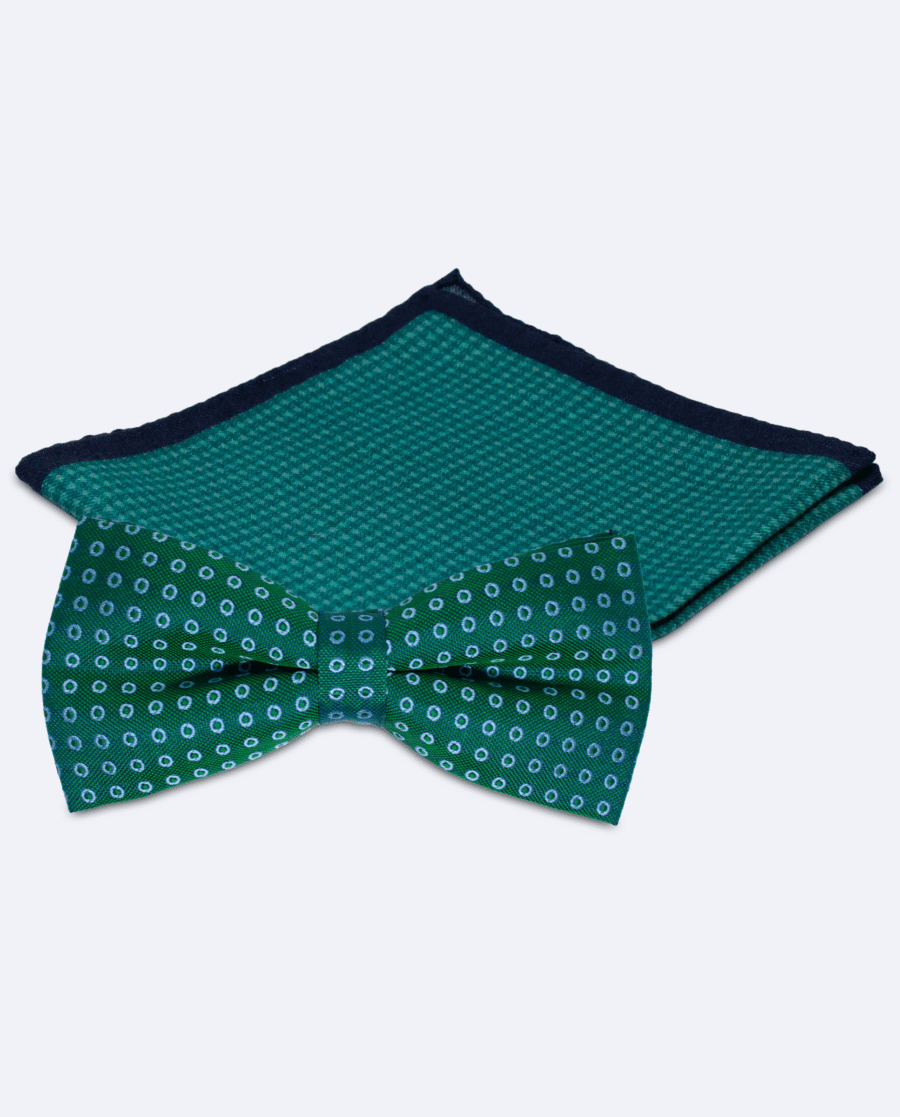 Set pajarita verde esmeralda de círculos y pañuelo verde petróleo