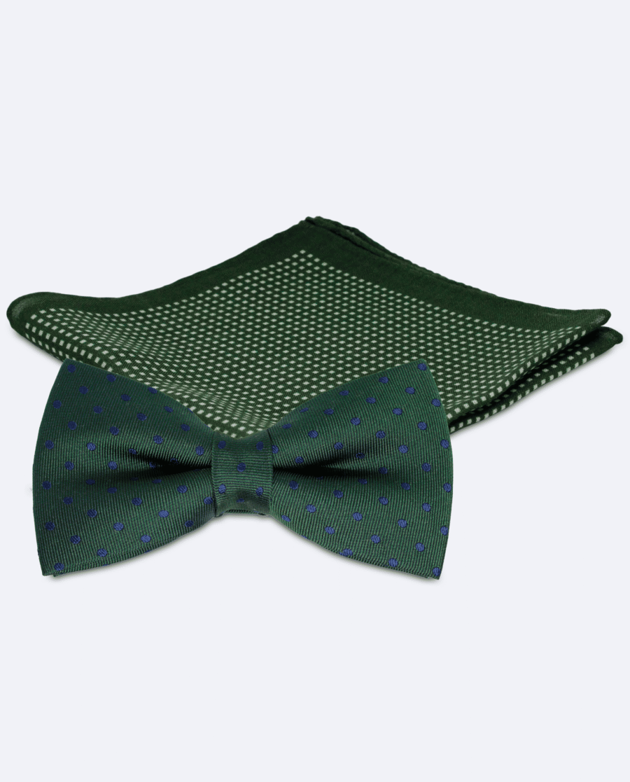 Set pajarita verde botella de lunares y pañuelo de rombos