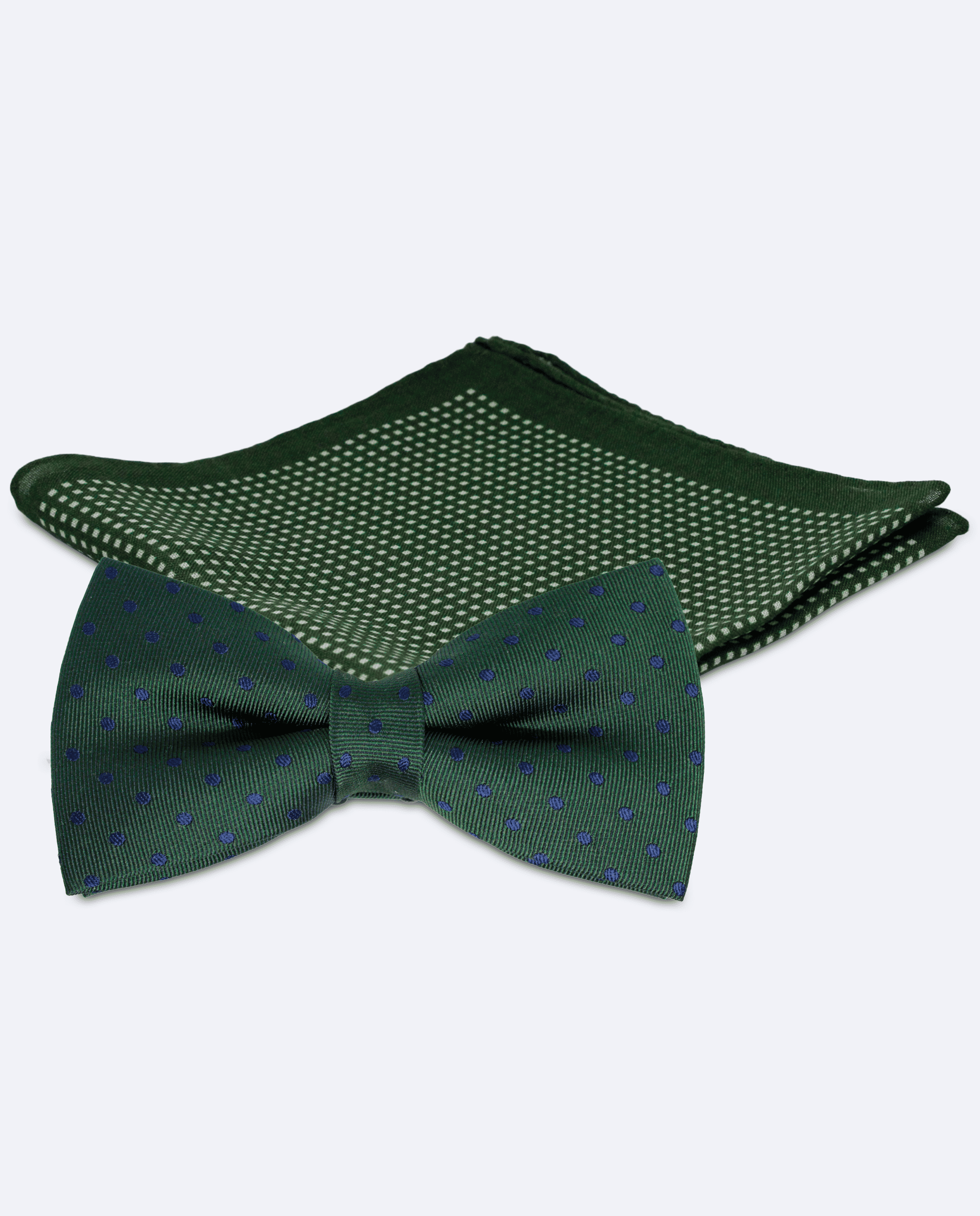 Set pajarita verde botella de lunares y pañuelo de rombos